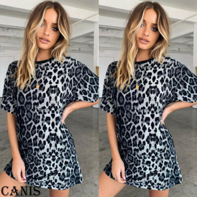 

UK Women Leopard Long Tops Blouse Ladies Summer Beach Shirt Dress Plus Size 6-24