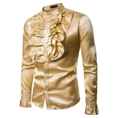 

Mens 70s Frill Ruffle Stand Collar Shirt Fancy Dress Party Formal Baquet Costume