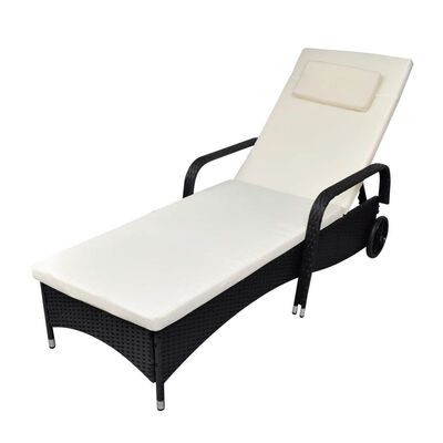 

Sun Lounger with Cushion & Wheels Poly Rattan Black