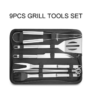 

9pcs BBQ Grill Tools Set Professional Grill Accessories Spatula Fork Basting Brush Tongs Stainless Steel Grill Barbecue Cook Acces