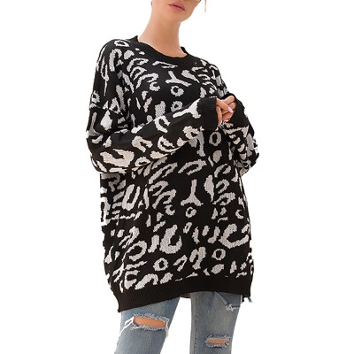 

Women Winter Leopard Printed Round Collar Loose Concise Casual Long Sleeve Sweater