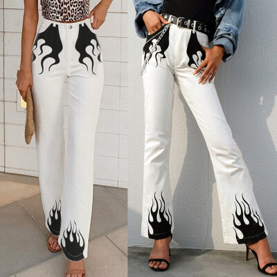 

Tailored Fashion Womens Wide Leg Pocket Flame Printed Zipper Button Flared Trousers Pants