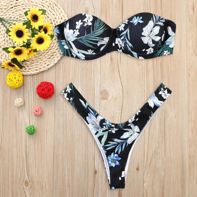 

Roseonmyhand Women Print Tube up Two Pieces Bikini Push-Up Swimsuit Swimwear Beachwear