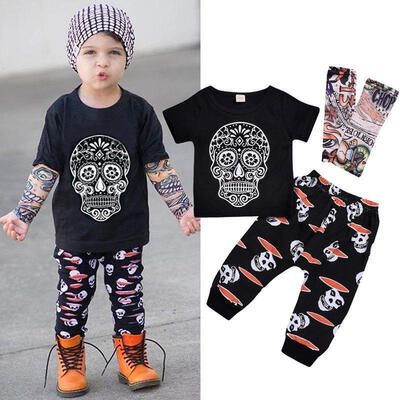 

Toddler Kid Baby Boy Skull Tattoo Sleeves Tops Printed Long Pants Outfit Set