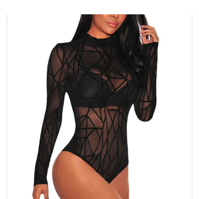 

Womens Floral Lace Black Sheer Mesh Long Sleeve Bodysuit Leotard Jumpsuit Top