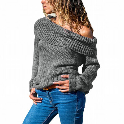 

Pullover bottoming shirt womens lapel slant shoulder long sleeve knit sweater