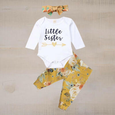 

Newborn Baby Girl Little Sister TopsFloral Leggings PansHeadband Clothes Set