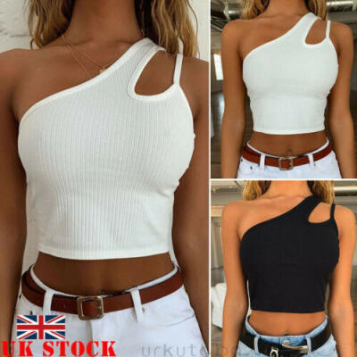 

UK Womens Sleeveless Crop Top T-Shirt Vest One Shoulder Stretch Cami Size 6-12