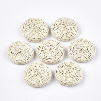 

Handmade Woven Beads Paper Imitation Raffia Covered with Wood No HoleUndrilled Flat Round AntiqueWhite 3033x67mm