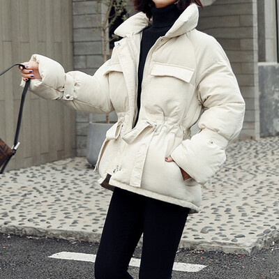 

Tailored Women Fashion Stand Collar Zipper Drawstring Pocket Cotton-padded Clothes Coat