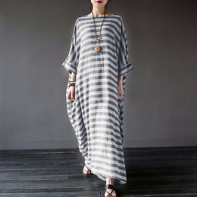 

Retro Women Crew Neck Loose Casual Stripe Cotton Baggy Oversized Long Maxi Dress