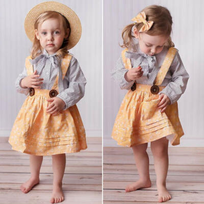 

3PCS Kids Baby Girl Clothes Dots Long Sleeve TopsFlower Strap Skirt Outfits Set