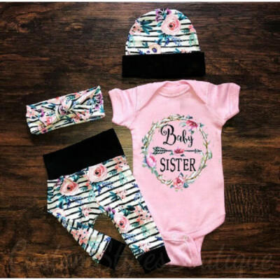 

US Newborn Infant Baby Girl Floral Outfit Clothes Romper TopsPantsHeadband Set