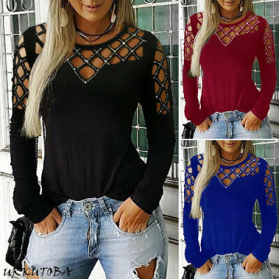 

Womens Hollow Long Sleeve Sim Fit T-Shirt Ladies Summer Casual Blouse Tops Tee