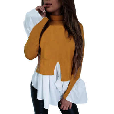 

Autumn Women T Shirt Bottoming Patchwork Long Flare SleeveTop Basic T-shirt Women