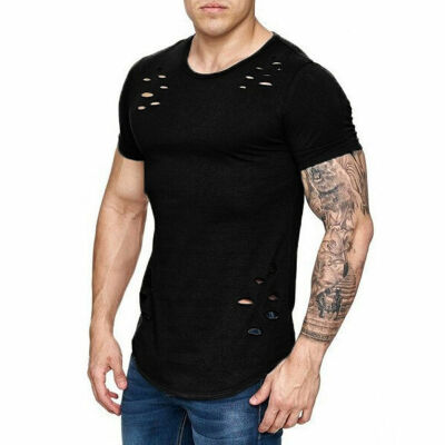 

Mens Slim Fit O Neck Short Sleeve Muscle Tee T-shirt Ripped Casual Tops Blouse