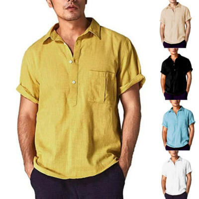 

UK Mens Linen Short Sleeve Summer Solid Shirts Casual Loose Dress Soft Tops Tee