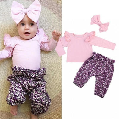

Newborn Baby Girls Long Sleeve T-shirt Floral Pants Headband Outfits Clothes Set 0-24M
