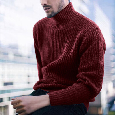 

Toponeto Men Casual Loose Turtleneck Solid High Collar Striped Pullovers Knitted Sweaters