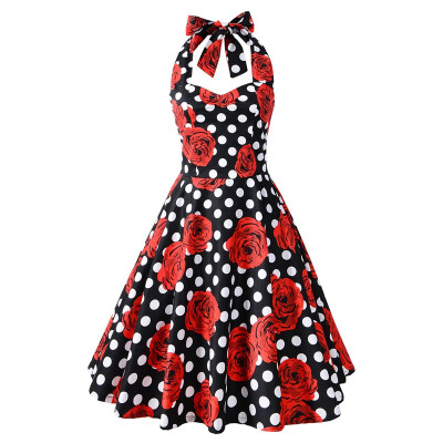 

Halter sexy backless print dress Hepburn style retro big skirt evening dress