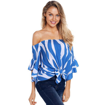 

Sexy Stripe Large Size Tees Tops Women Off Shoulder Flare Sleeve T-shirts