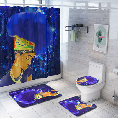 

〖Follure〗African Explosion Head Woman Waterproof Shower Curtain Bathroom Mat Four-piece
