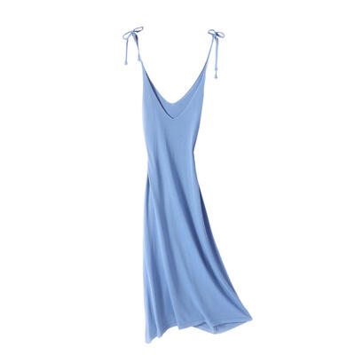 

Solid Color Dress Women Summer V-neck Sling Bowknot Lace Up Knitted Dresses