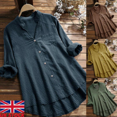 

Plus Size Women Button Tunic Blouse Long Sleeve Loose Cotton Linen Shirt Tops UK