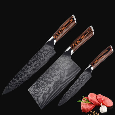 

3 Pcs Japanese Damascus Chef Knives Set Color Wooden Handle Home Kitchen Tools Knives Set With Upscale Gift Box