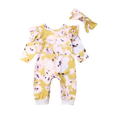 

Newborn Baby Girls Clothes Floral Romper Bodysuit Overall Headband Outfit Set