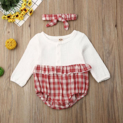 

Newborn Infant Baby Girl Boys Kids Clothes Bodysuit Plaid Romper Cotton Outfit