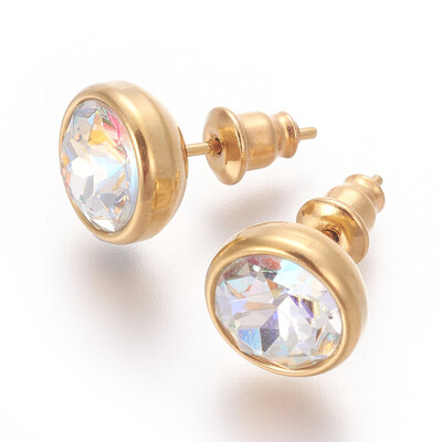 

304 Stainless Steel Ear Studs with Cubic Zirconia Flat Round Golden Clear AB 10x17mm Pin 07mm