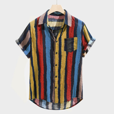 

Toponeto Mens Loose Multi Color Stripe Lump Chest Pocket Short Sleeve Round Hem Shirts