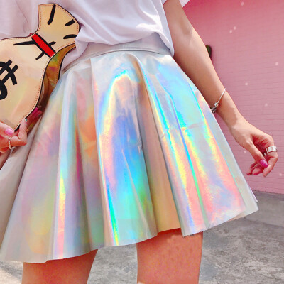 

Roseonmyhand Women Solid Holographic Pleated Skirts Sexy High Waist Mini Short Skirts