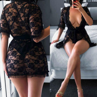 

Womens Eyelash Lace Babydoll Lingerie Mesh Nightwear Set Sheer Nightgown Tops