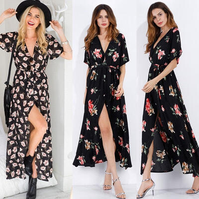 

Womens Floral Short Sleeve Boho Lady Summer Evening Party Maxi Sundress Dress