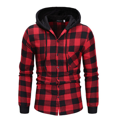 

Mens Spring Autumn Plaid Check Long Shirt Loose Casual Hooded Hoodie Shirt Coat