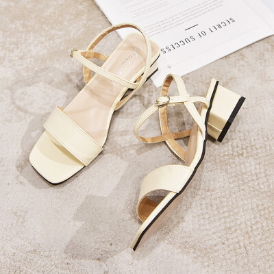 

One-word Button Sandals Women Summer Korean Version 100-set Rough-heeled Sandals Simple Roman Medium-heeled Womens Shoes Tide