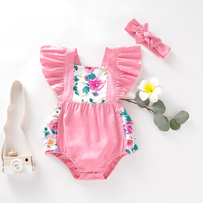 

Infant Baby Girls Fly Sleeve Floral Ruffles Backless Romper BodysuitHeadband