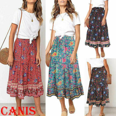 

Womens Floral Skirt Long Maxi High Waist Elastic Wasitband Summer Beach Dress