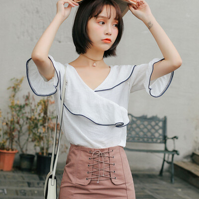

Womens Ear Edge Fold V Collar Lotus Leaf Chiffon Shirt 34 Sleeve Slim Can Tops For Ladies