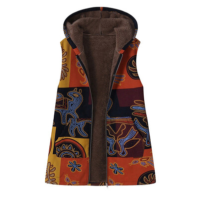 

Toponeto Plus Size Women Hooded Sleeveless Cotton Linen Fluffy Fur Zipper Ves Coat