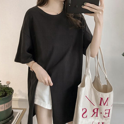 

Women O Neck Side Split Irregular Casual Tops Solid Color Short Sleeve Brief Tshirts Harajuku Streetwear Elegant Long T-shirts