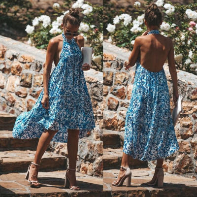 

Fashion Women Summer Boho Long Maxi Evening Party Beach Dress Halter Floral Sundress