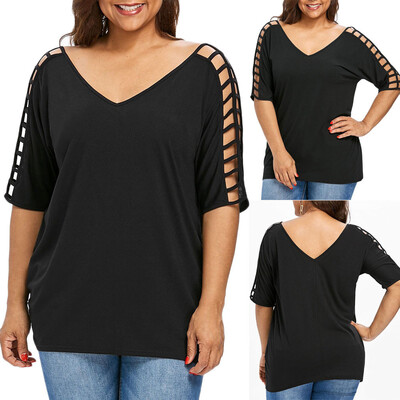 

Roseonmyhand Plus Size Fashion Women Hollow Out Sleeve T-Shirt V-Neck Blouse Casual Tops