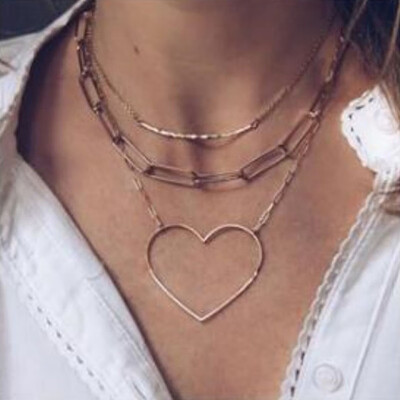 

Glamour Women Necklaces Heart Geometry Pendant Clavicle Chain Multilayer Gold Necklace Set Fashion Lady Birthday Party Jewelry