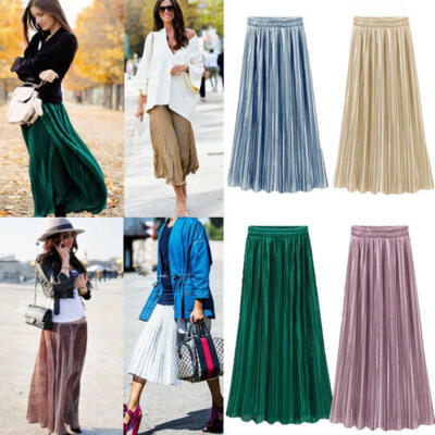 

Women Ladies Retro Gilding Pleated Long Skirts Fluorescence Color