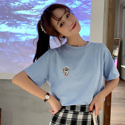 

Womens Korean Style Loose Round Neck Embroidered Cartoon Space Print Short Sleeve T-Shirt