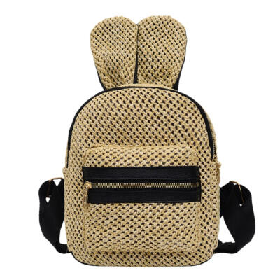 

Rabbit Ear Travel Backpacks Women School Bags Beach Straw Woven Knapsack