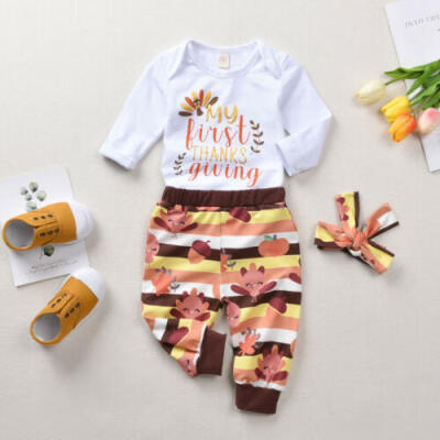 

US 3Pcs Thanksgiving Gift Clothes Newborn Baby Girl RomperTurkey Pants Outfit